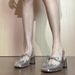 Lambskin! Women's Peep-Toe Sandals For Summer, Fashionable And Elegant Silver Bowknot Chunky Heel High Heels_vogvips.com