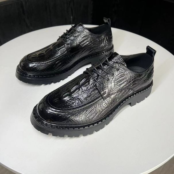European And American Genuine Business Casual Cowhide Embossed Crocodile Pattern Thick Sole Height Increasing Black_vogvips.com