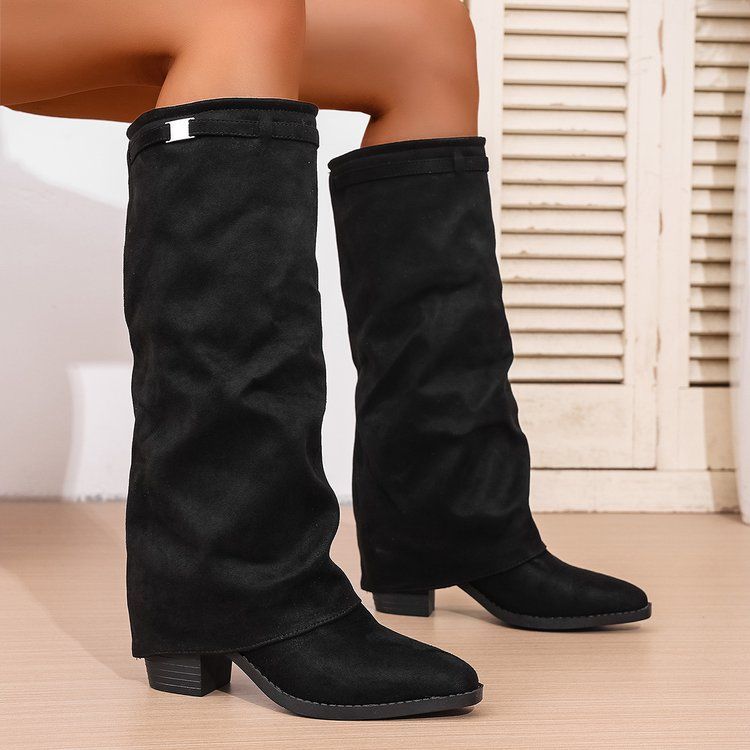 Women's Plus Size Suede Trouser Boots Pointed Toe Chunky Heel Casual Knee High Autumn Winter Fashion Solid Color Black_vogvips.com