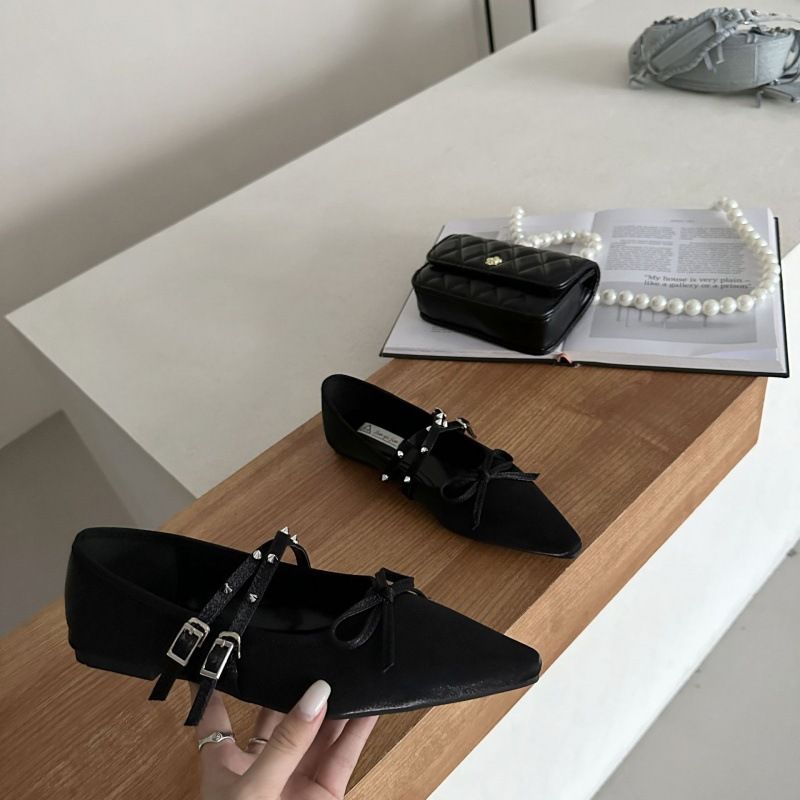 Spring And Autumn Season New Bow Pointed Head Shallow Mouth One Step Riveted Silk Surface Elegant Flat Small_vogvips.com