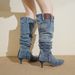 Autumn Winter New European American Style Pointed Toe Mid-Heel Denim Women's Pleated Slouch Thin Heel Slimming_vogvips.com