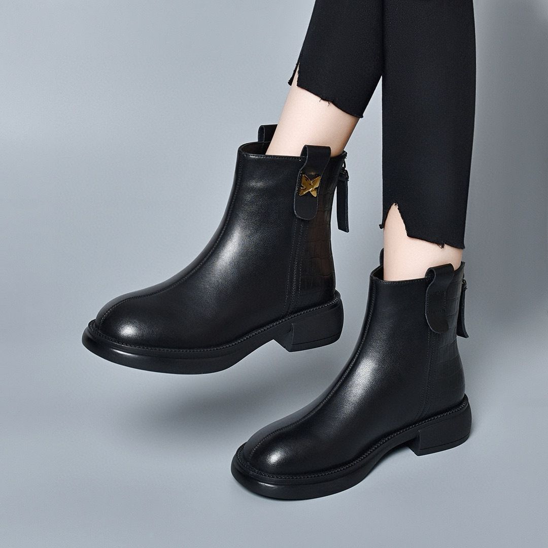 Leather Women 2024 Autumn Winter Simple Casual Flat Martin European American Style Back Zipper Round Toe Short Fleece_vogvips.com