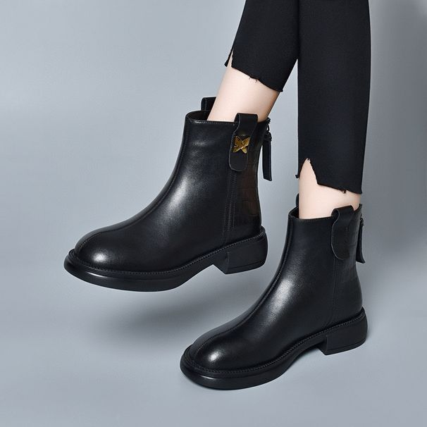 Leather Women 2024 Autumn Winter Simple Casual Flat Martin European American Style Back Zipper Round Toe Short Fleece_vogvips.com