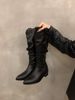 Chunky Heel Retro Brown V-Cut Slouch Mid-Calf Women's Shoes 2025 Autumn Winter Pointed Toe Western Cowboy Long Boots_vogvips.com