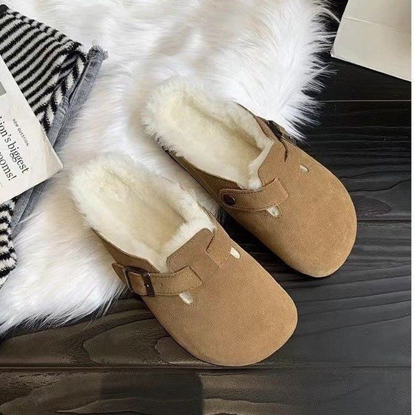 Closed-Toe Half Slippers For Women, Autumn And Winter New Casual Fleece-Lined Thick-Soled Shoes, Slip-On_vogvips.com