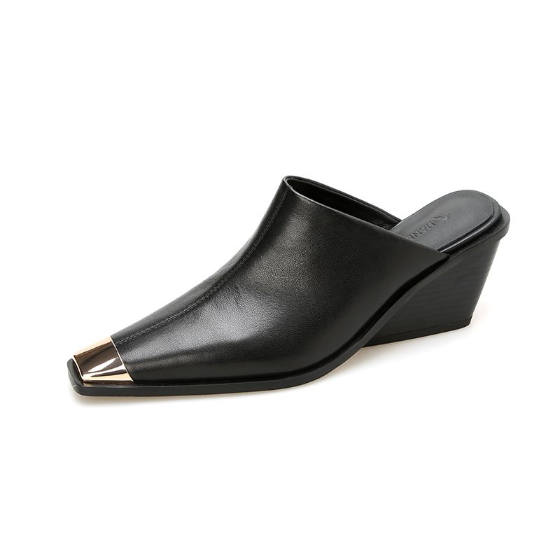 2025 New Ladies Genuine Leather Metal Head Mules Fashion Med Chunky Heels Summer Wedges Slippers Women Casual Office_vogvips.com