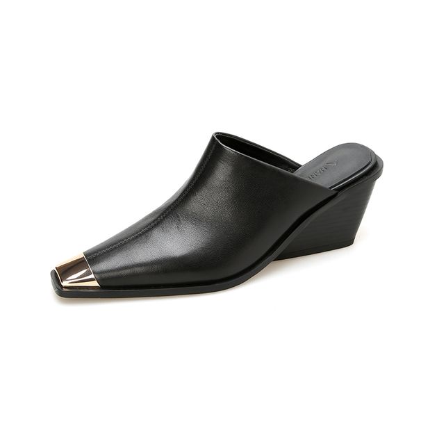 2025 New Ladies Genuine Leather Metal Head Mules Fashion Med Chunky Heels Summer Wedges Slippers Women Casual Office_vogvips.com
