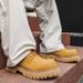 Buffny Men's Casual Leather Oxford Shoes - Round Toe, Soft & Breathable, Low-Cut Derby Style With Rubber Sole, Yellow_vogvips.com