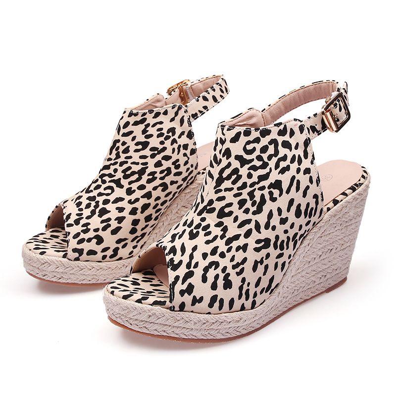 Women's Shoes New Wedge Heel Thick Bottom Fish Mouth High Heel Sandals Open Toe Women's Leopard Print Straw Rope Bottom Large Size Shoes_vogvips.com