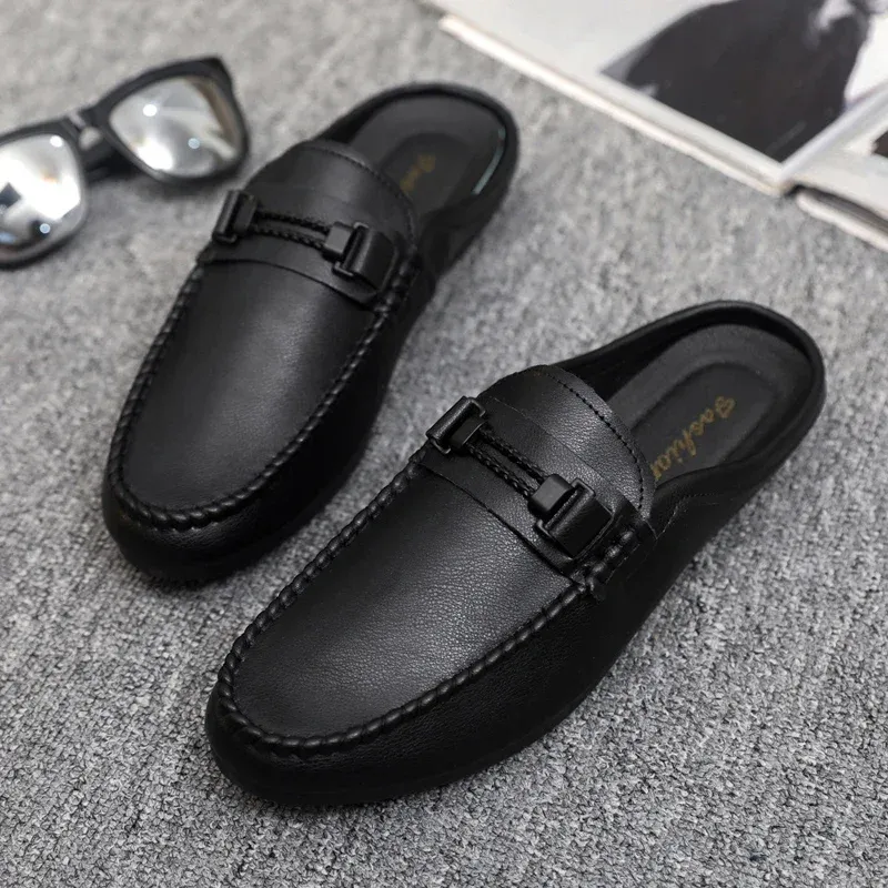 Leather Men Half Slippers Summer Breathable Mens Casual Shoes Slip-on Lazy Driving Shoes Comfortable Walking Loafers Moccasins_vogvips.com