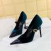 MTX 9116-1 Banquet High Heels Stiletto Shallow Westie Suede Patchwork Pointed Toe Metal Buckle One-Strap Single Shoes_vogvips.com