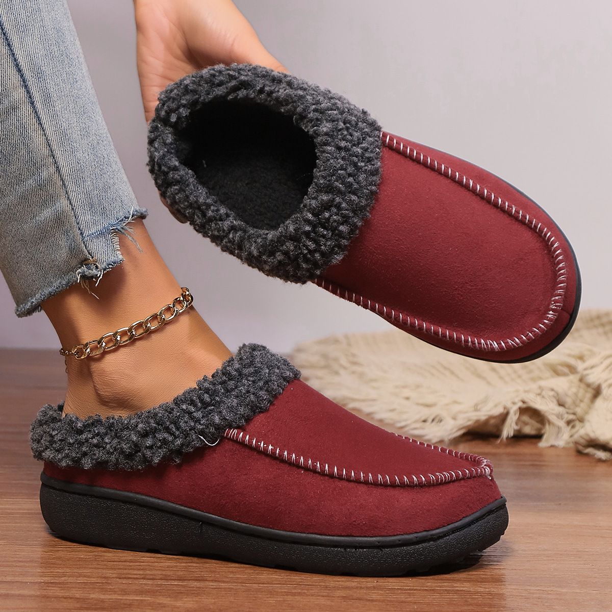 Women's Shoes Warm Suede Thick Autumn And Winter Indoor Half Covered With Home Cotton Slippers To Keep Warm In Winter_vogvips.com