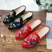 Slippers, Double Bird Embroidered Ink Painting, Bright Silk Fabric Pointed Women's Single Shoes, Casual Walking Shoes_vogvips.com