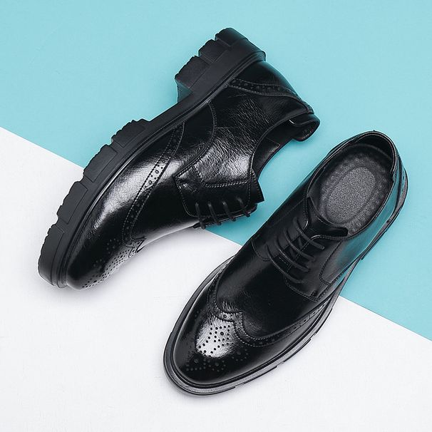 Euro Step Spring And Autumn New Thick-Soled Business Leather Height Increase 6CM Casual Men's Brogue Lace-Up Wedding Shoes_vogvips.com