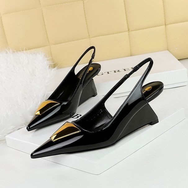 Women's Shoes High-heeled Wedge-heeled Patent Leather Hollowed-out Rear Strap Shallow Mouth Pointed Metal Decorative Single Shoes_vogvips.com