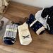 Songmu Light Retro Navy Blue "bow Knot Korean Socks Women's Mid Tube Socks Designer Pure Cotton Socks_vogvips.com