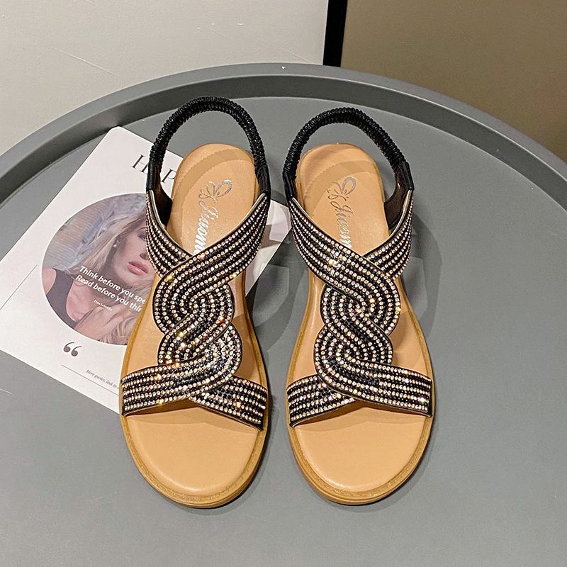 2024 Summer New Fashion Mid Heel Women's Sandals Square Toe Women's Heel Diamond Decorated Slip-On Sandals Women's Shoes_vogvips.com
