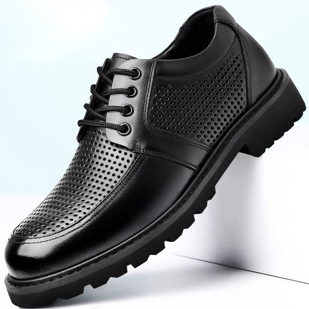 Men's Genuine Leather Breathable Perforated Dress Loafers Comfortable Low-heel Shoes_vogvips.com