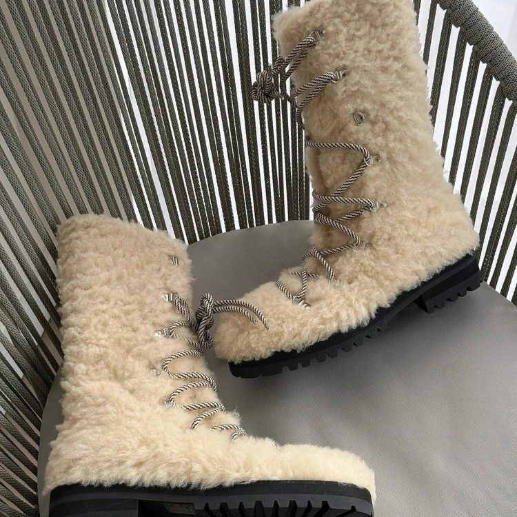 2025 Winter New Flat Versatile Plush Lace-up Ski Mid-calf Warm Fleece Snow Boots For Women_vogvips.com