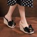 Women’s Shoes New Summer Square Head Wedge Heel Thick Bottom High Heel Slippers Women's Bow Flower Glass Glue Sandals_vogvips.com