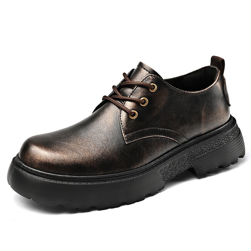 Men's Derby Shoes, Genuine Leather, Versatile Small Leather Shoes, Black, Ins Style, Platform Sole, Height-Enhancing Cas_vogvips.com