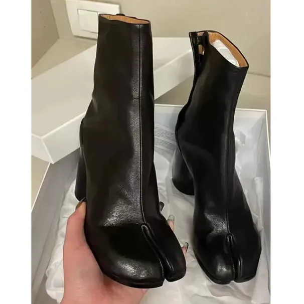 Women Ankle Boot Fahion Autumn Winter Soft Leather Split Toe Tabi Thick High Heel Chunky Shoe In Style Short_vogvips.com