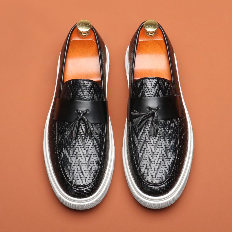 British Style One Legged Tassel Loafers Men's Casual Shoes, Versatile And Fashionable Patterned Bean Shoes For Men_vogvips.com