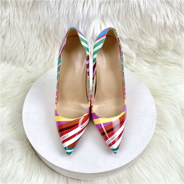 Women's Shoes New Color Striped High Heels 12CM Pointed Stiletto Shallow Mouth Single Shoes Women's Shoes_vogvips.com