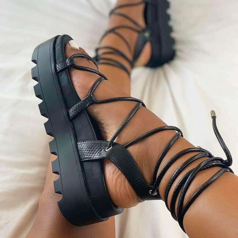 Cost Performance Thick Soled Roman Women's Lace Up Sponge Cake Beach Shoes, Large Sandals For Women_vogvips.com