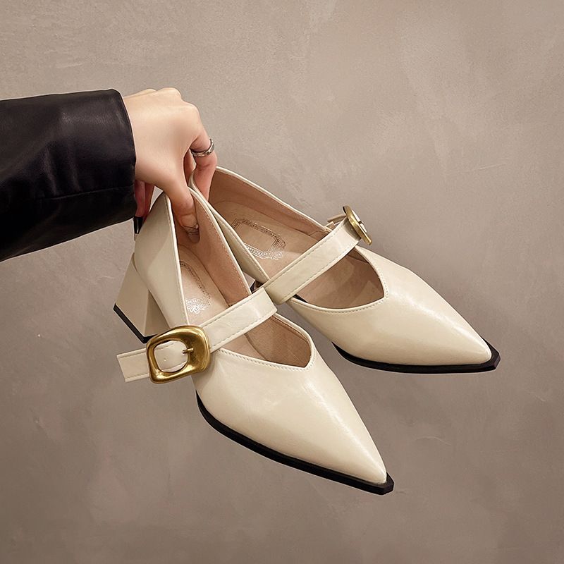 French Small Fragrant Style Pointed Head Thick Heel Single Shoes Women's Beige Word With Medium Heel High Heels Are Not Tired_vogvips.com