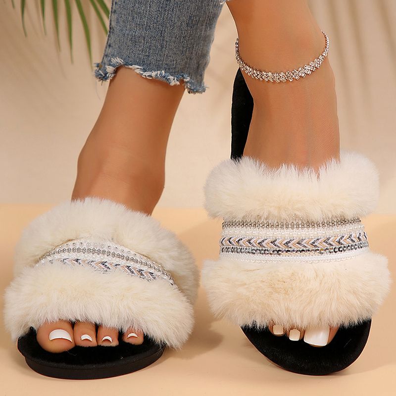 Bling Weave Pattern Fur Slippers Women 2025 Mix Color Faux Fur Plush Slides Woman Slip On House Flats Cotton Slippers Mu_vogvips.com