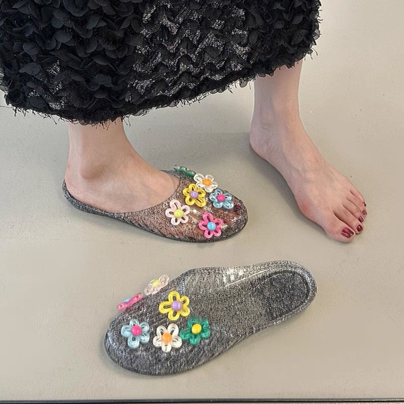 Summer New Transparent Flat Closed-Toe Sandals For Women, Non-Slip Hollow Out Clogs, Student Crystal Half Slippers_vogvips.com