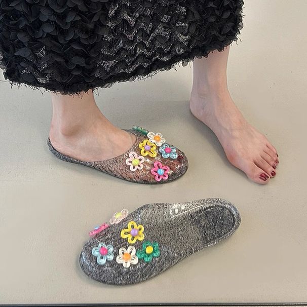 Summer New Transparent Flat Closed-Toe Sandals For Women, Non-Slip Hollow Out Clogs, Student Crystal Half Slippers_vogvips.com