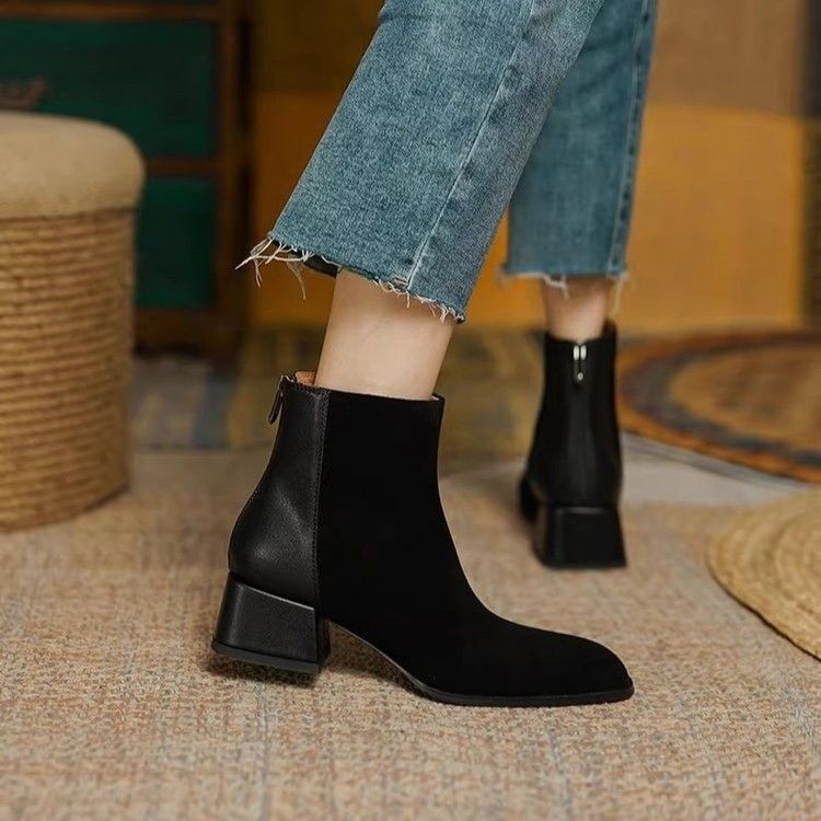 Short Autumn Winter New Square Toe Slim Chunky Heel Back Zipper Fashion Women's Artistic Boots_vogvips.com