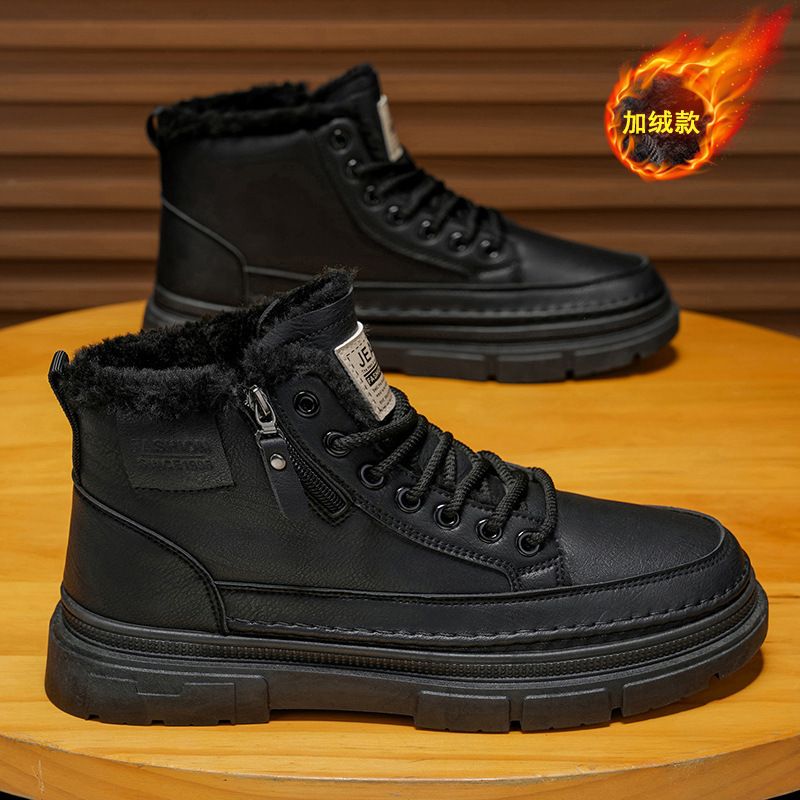 Winter Fleece-Lined High-Top Martin Boots For Men, Black Leather Work Shoes, Non-Slip, Wear-Resistant, Thickened And War_vogvips.com