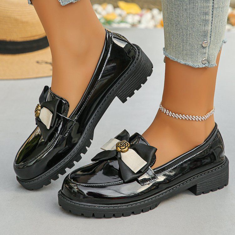 Platform Slip-on Low Top Single Shoes New Women's Thick Heel Bow Loafers_vogvips.com