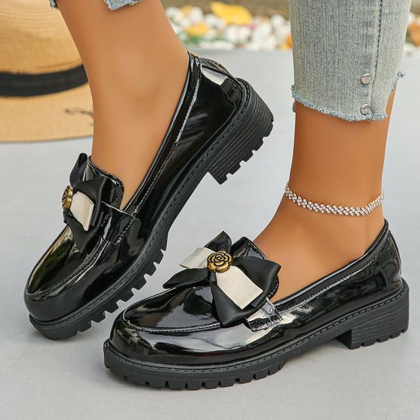 Platform Slip-on Low Top Single Shoes New Women's Thick Heel Bow Loafers_vogvips.com