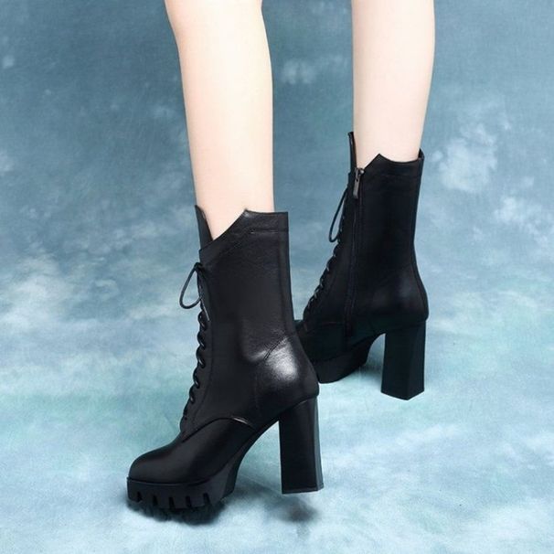 Autumn Winter New High Mid-Calf Martin Leather Thick Heel Fleece Lined Warm Shoes Short Women's Cotton Boots_vogvips.com