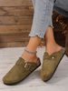 Women's New Spring Retro Mules, Casual Slip-On Shoes, Pu Upper, Cork Grain, Closed-Toe Half-Slipper Flat Slippers With Adjustable Buckle_vogvips.com