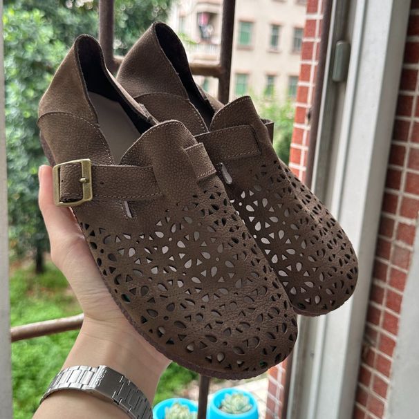 Hollow Flat Summer Sole Single Women's Genuine Leather Casual One Step Kick Shallow Mouth Grandma Shoes_vogvips.com