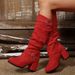 Women's European American Style Double Buckle High Heeled Fashion Boots Winter New Chunky Suede Tall Round Toe Plus Size_vogvips.com