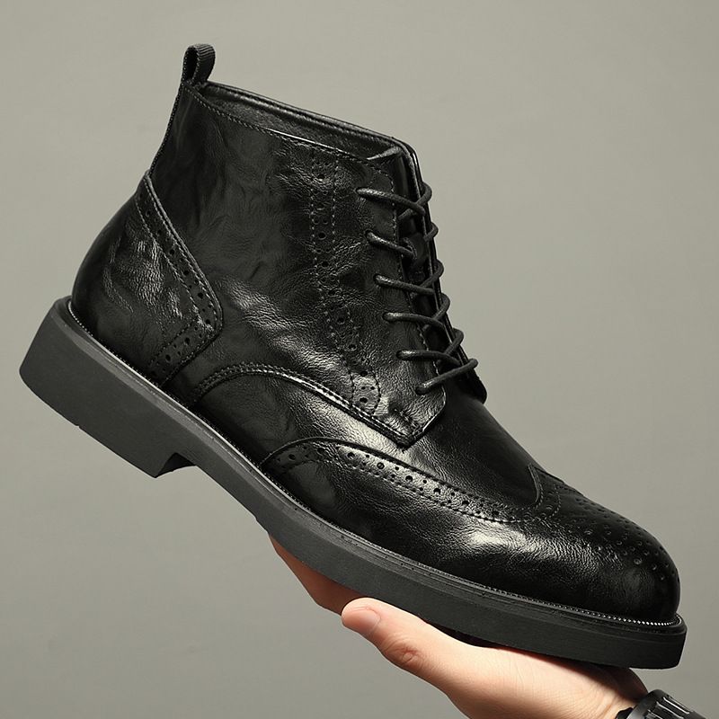 Martin Boots Men's Retro Short Boots Business Dress Brock High-top Leather Shoes Heightening Tooling Leather Boots_vogvips.com
