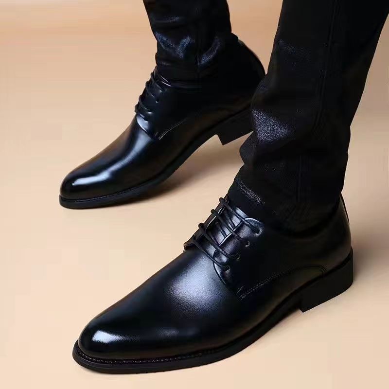 Spring Versatile Genuine Soft Leather Trendy Business Casual Wedding Korean Style Pointed Toe British Lace-up Formal_vogvips.com