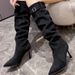 Women's Pointed Toe High Heel Knee High Boots With Belt Buckle Wrinkle Detail Stretch Slim Fit Stacked Boots Stretch Fleece Slimming Boots_vogvips.com