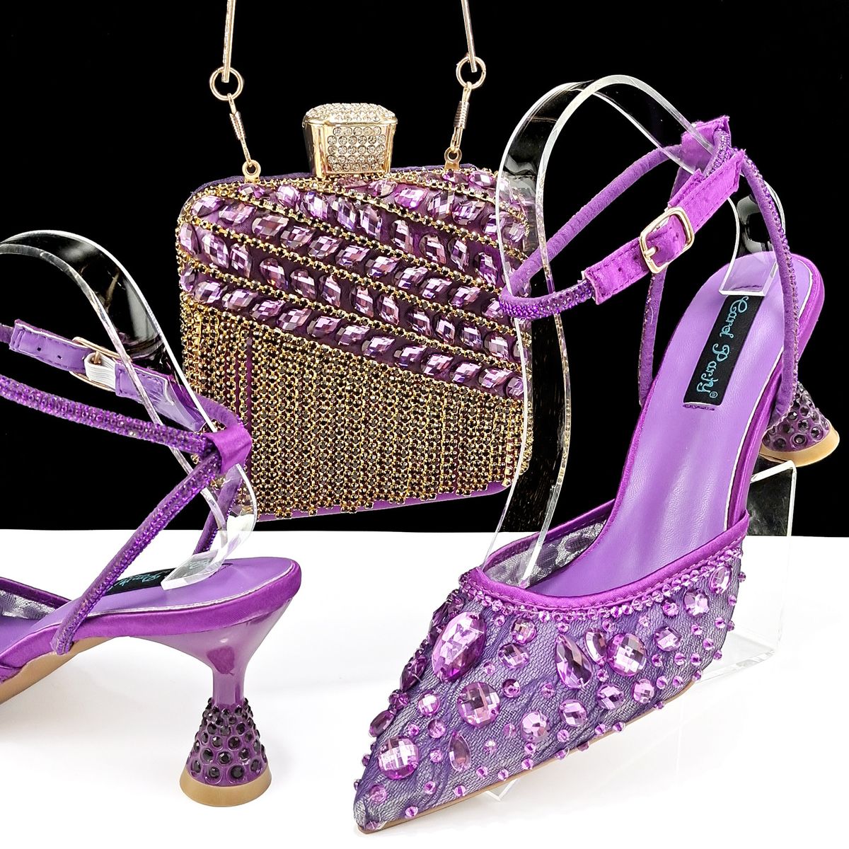 Fashion sexy women's shoe bag set lace mesh fabric ankle strap fringe rhinestone decoration_vogvips.com