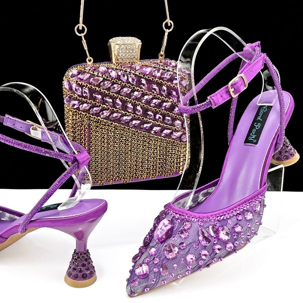 Fashion sexy women's shoe bag set lace mesh fabric ankle strap fringe rhinestone decoration_vogvips.com
