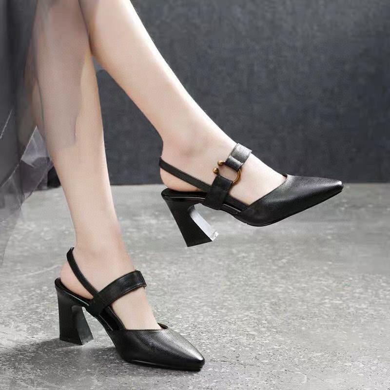 Pointed High Heeled Sandals For Women 2023 Summer New Top Layer Cowhide Thick Heeled Fairy Shoes With Closed Toe And Hollow Back Fashion Shoes_vogvips.com