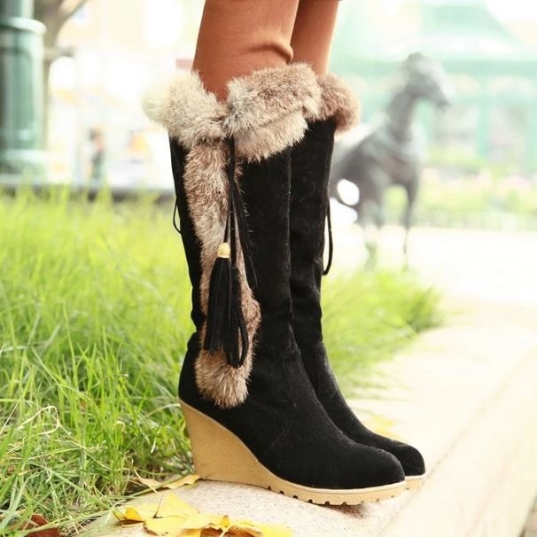 Women's Shoes Autumn And Winter Fashion New Snow Boots Wedge Heel Mid Tube Rabbit Fur Warm Boots_vogvips.com