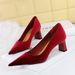 6188-9 Fashionable Simple Banquet High Coarse Heels Women's Suede West Velvet Shallow Mouth Pointed Single Shoes_vogvips.com