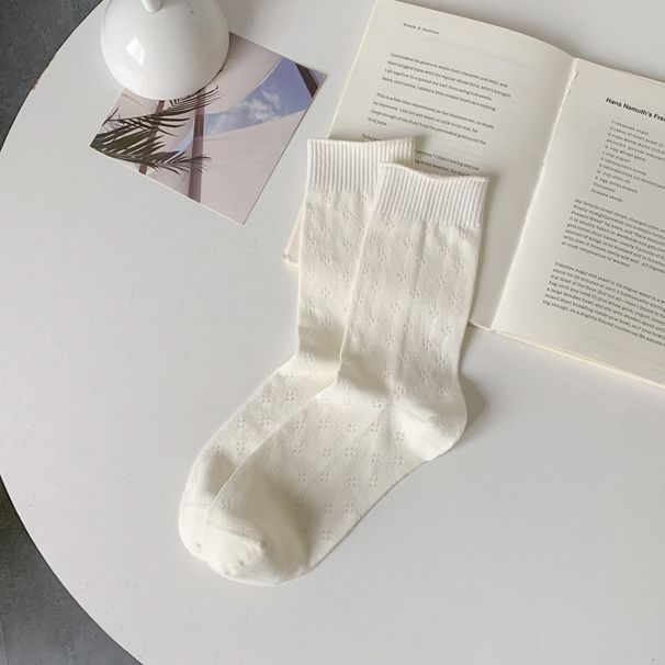 Spring And Summer Thin Socks Women's Hollow Four Leaf Clover Trendy Mid Tube Women's Socks Cream White Mesh Boneless Pure Cotton Pile Socks_vogvips.com